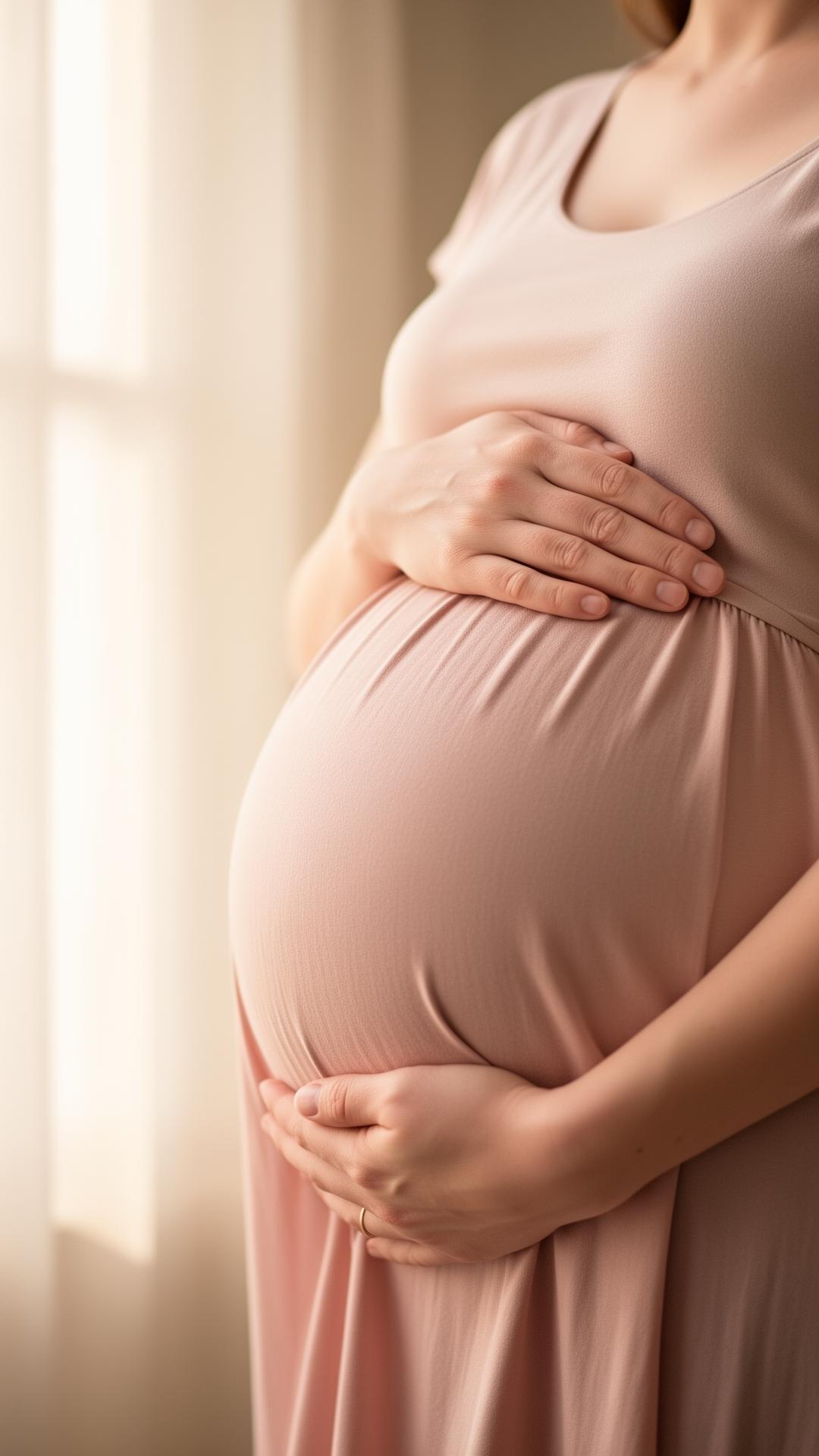 Soft natural light on hands cradling a pregnant belly